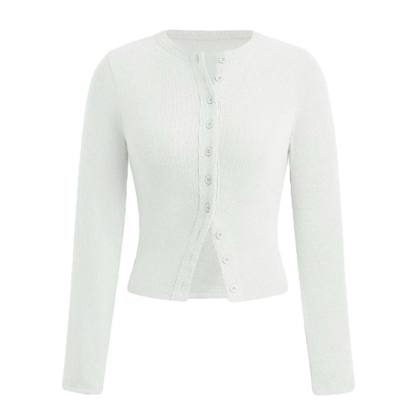 Button Front Ribbed Long Sleeve Cropped Shirt White - Picture 1 of 4